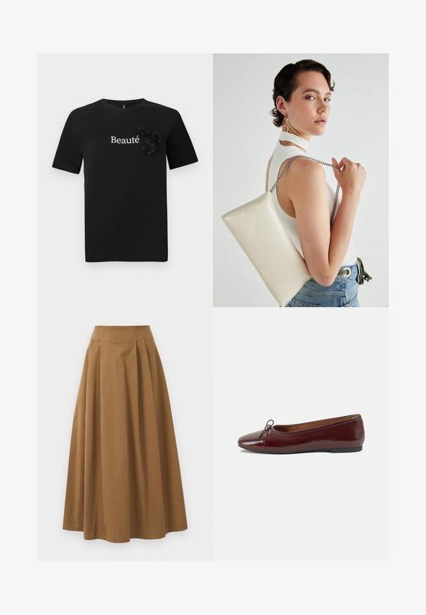 Schwarzes Baumwoll-T-Shirt mit kurzen Ärmeln, Rundhalsausschnitt und dem Wort "Beauté" in Weiß, verziert mit drei Stoffblütenakzenten.; Brauner Baumwoll-A-Linien-Rock mit hoher Taille, der vorne Falten aufweist und eine glatte Textur hat. Der Saum ist sauber und einfach verarbeitet.; Burgunderfarbenes, lackiertes Ballettschuh mit abgerundetem Zehenbereich, kleiner Schleifenakzent vorne und einer niedrigen, schwarzen Gummisohle. Glatte Textur.; Weiße rechteckige Clutch aus glänzendem Material mit einem silbernen Kettenriemen. Das Model posiert und präsentiert die Tasche vor einem schlichten Hintergrund.