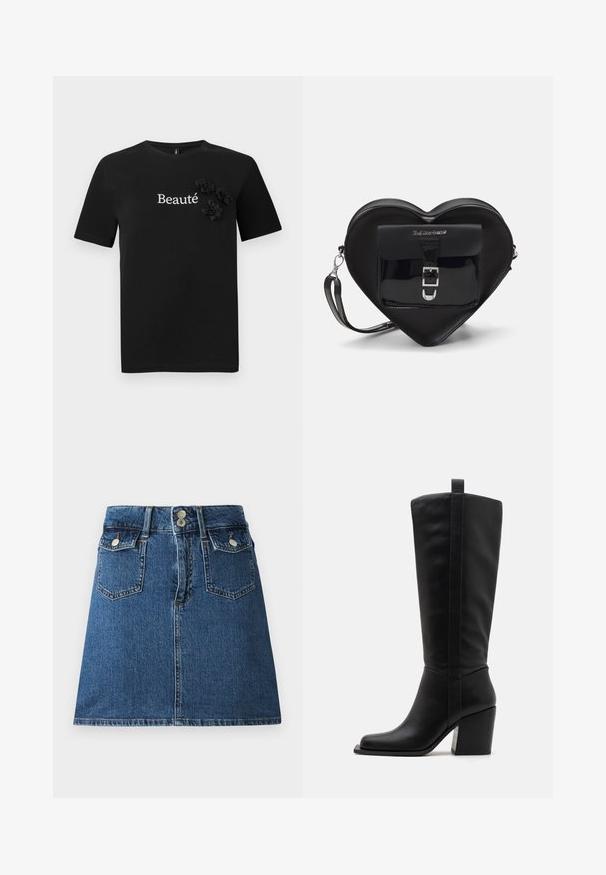 Must-haves musta t-särk mustast puuvillast, lühikeste varrukatega, ümmarguse kaelusega ja sõnaga "Beauté" valgel, kaunistatud kolme kangast lilleaktsendiga.; Sügavsinine teksaseelik, millel on sobiv vöökoht, kaks esikotti, kaks tagakotti ja hõbedatooni nööbid.; Mustad mustekat kummikud, millel on ruudukujuline varvas, kitsenev konts ja vertikaalne õmbluse detail välispuudel. Sile tekstuur.; Mustast südamekujulise kotiga, mis on valmistatud lakitud nahast. Ees on tasku, millel on klambri sulgemine ja eemaldatav rihm. Hõbedased detailid.