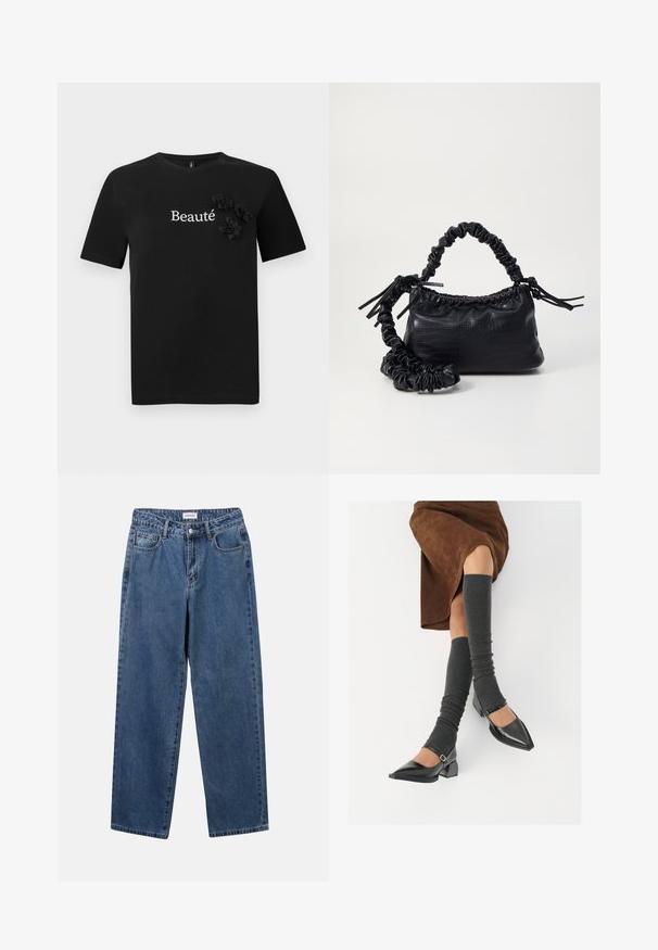 Schwarzes Baumwoll-T-Shirt mit kurzen Ärmeln, Rundhalsausschnitt und dem Wort "Beauté" in Weiß, verziert mit drei Stoffblütenakzenten.; Klassische blaue Denim-Jeans mit geradem Bein, fünf Taschen und Knopfverschluss. Sie verfügen über eine mittelblau gewaschene Optik und sind aus robuster Textur.; Schwarze lacklederne spitze Schuhe mit Blockabsatz und Knöchelriemen, kombiniert mit grauen gerippten Beinstulpen und einem braunen Wildlederrock.; Schwarze Handtasche aus Kunstleder mit Krokodilstruktur, gerafftem oberen Teil und einem geschoppten Tragegurt. Sie wirkt weich und kompakt im Design.
