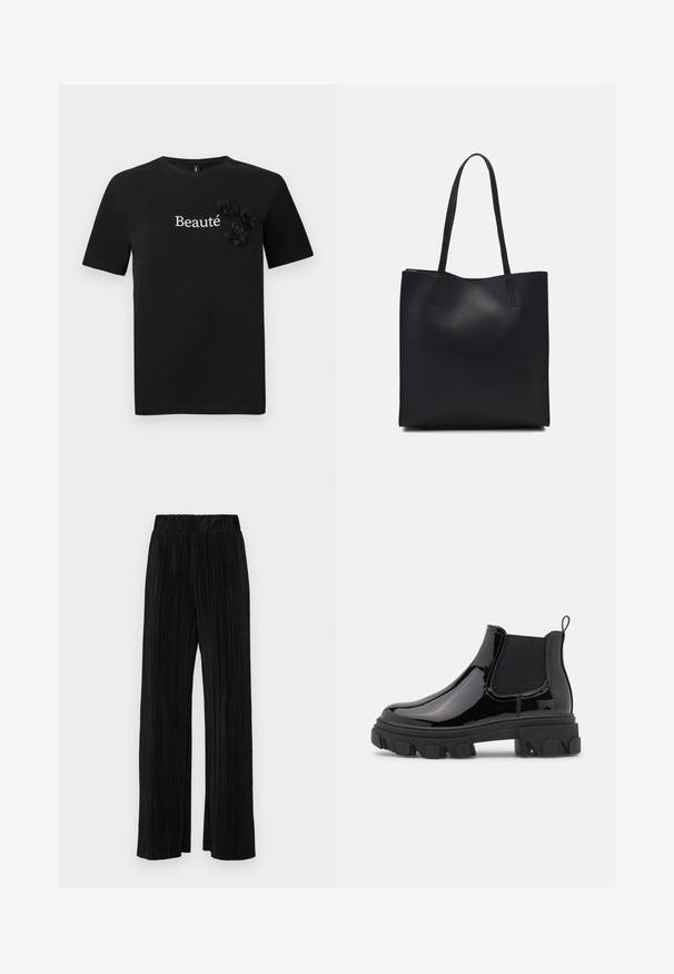 Melnas kokvilnas t-krekls ar īsām piedurknēm, apaļu izgriezumu un vārdu "Beauté" baltā krāsā, kuru rotā trīs auduma ziedu akcenti.; Melni plīšu bikses ar elastīgu jostu. Tām ir platākas kājas un gluda, teksturēta auduma ar vertikālām svītrām.; Melna lakota ādas Čelsi zābaki ar elastīgām sānu paneļiem, masīvu teksturētu zoli un aizmugurējo cilpu vieglai uzvilkšanai.; Melnas ādas somiņa ar gludu tekstūru, taisnstūra formu un divām garām rokturiem. Nav redzamu aparatūras vai rotājumu.