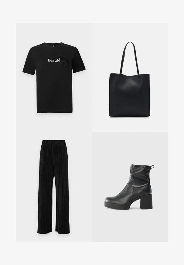 Sort bomulds t-shirt med korte ærmer, en crew neck, og ordet "Beauté" i hvid, prydet med tre stofblomster.; Sorte plisserede bukser med elastisk talje. Har brede ben og et glat, tekstureret stof med lodrette striber.; Sorte ankelstøvler lavet af glat læder, med en sidelukning, kraftig struktureret hæl og rundt tådesign.; Sort læder tote taske med glat tekstur, rektangulær form og to lange hanke. Ingen synlig hardware eller udsmykninger.