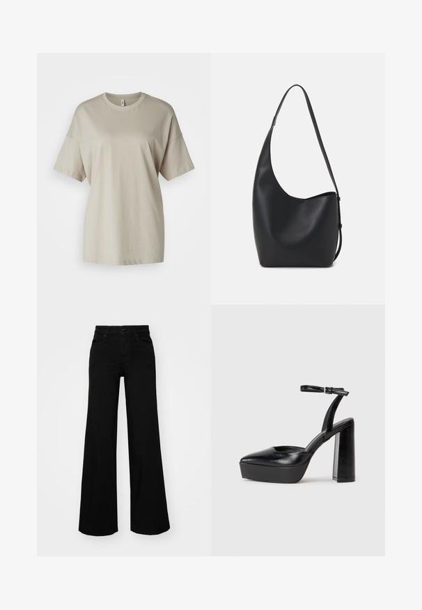 Beige t-shirt gemaakt van zacht katoen, met een ronde hals, korte mouwen en een ontspannen pasvorm met een rechte zoom.; Zwarte wijdvallende broek van denim, met een gestructureerde tailleband, riemlussen en voorzakken. Glad van textuur met een klassiek ontwerp.; Zwarte plateauhakken met een puntige neus en verstelbare enkelband. Gemaakt van soepel leer, met een robuuste blokhak.; Zwarte leren hobo tas met een gladde textuur, kromme vorm en een enkele verstelbare schouderband; heeft een brede opening aan de bovenkant.