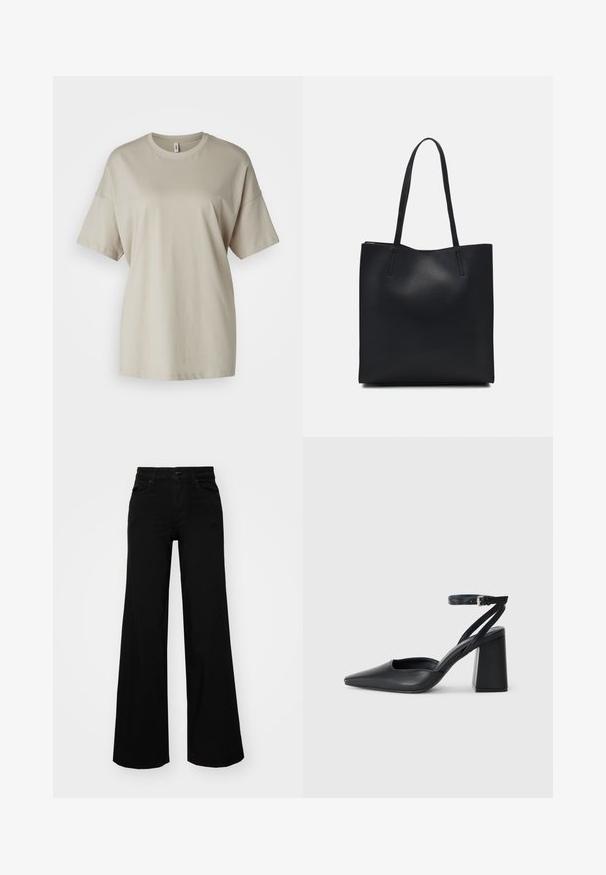 Beige t-shirt made of soft cotton, featuring a round neckline, short sleeves, and a relaxed fit with a straight hem.; Black wide-leg pants made of denim, featuring a structured waistband, belt loops, and front pockets. Smooth texture with a classic design.; Black leather pointy-toe pump with an ankle strap and a chunky heel. Flat texture, sleek design, and minimalistic aesthetics.; Black leather tote bag with smooth texture, rectangular shape, and two long handles. No visible hardware or embellishments.