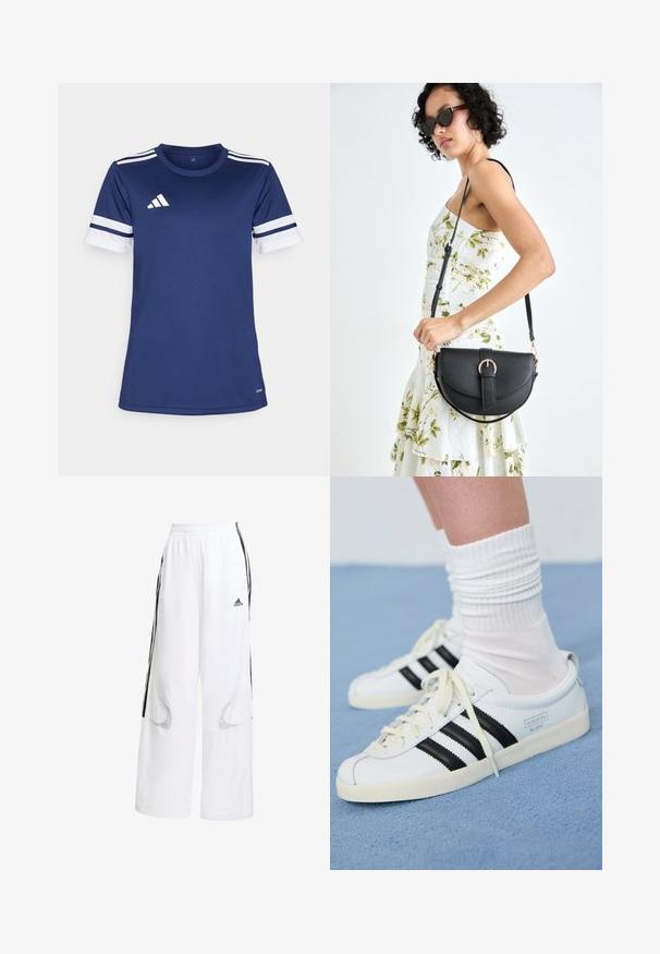 T-paita tummansinisestä urheiluvaatteesta, joka on valmistettu synteettisestä materiaalista. Ominaisuuksiin kuuluu valkoiset raidat hihoissa ja adidas-logo rinnassa. Lyhyet hihat, pyöreä kaula-aukko.; Valkoiset urheiluhousut, joissa on rento istuvuus, mustat sivuviivat, joustava vyötärö ja verkkomaiset aukot ilmanvaihtoa varten.; Valkoiset nahkakengät, joissa on mustat raidat, kermaisen värinen pohja ja vaaleat nauhat. Puettu valkoisten urheilusukkien kanssa, taustalla sininen väri.; Musta nahkainen käsilaukku, joka on kaareva muotoilultaan, irrotettavalla hihnalla ja kultaisilla yksityiskohdilla. Laukussa on läppä, jossa on solk yksityiskohta.