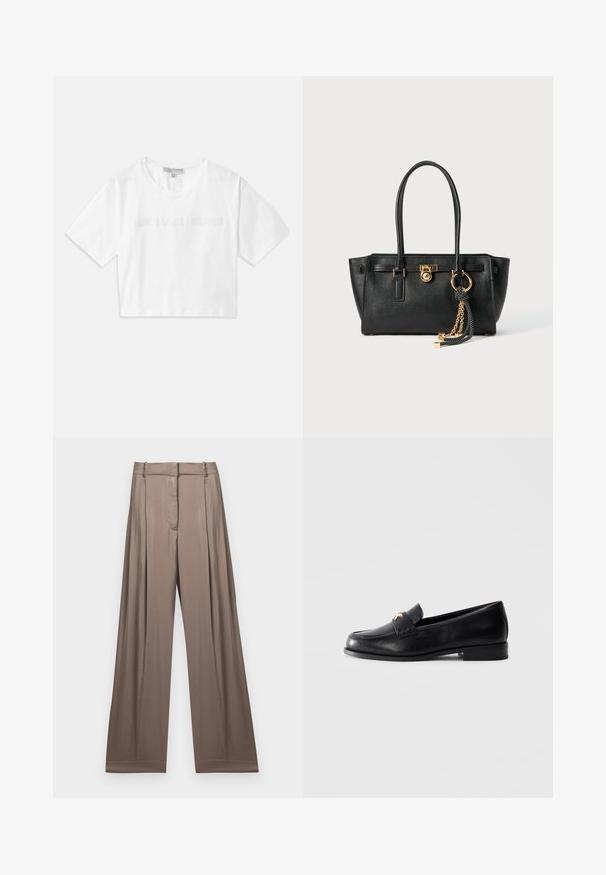 White cropped T-shirt made of cotton, featuring short sleeves and "MICHAEL KORS" logo in matching embroidered text across the front.; Wide-leg trousers in a muted taupe color, made of smooth fabric with a satin finish. Features a tailored waistband and subtle pleats.; Black leather loafer with low heel and gold decorative emblem on the strap, displayed on a plain light gray background.; Black leather handbag with double handles, gold lock and chain detail, and black-and-white tassel accessory against white background.
