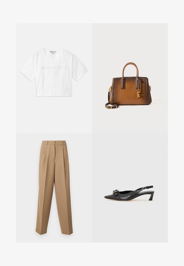 Fehér, rövidujjú, vágott pamut póló, amelyen a "MICHAEL KORS" logó hímzett, megfelelő színben a mellkason.; Beige színű, magas derekú, plissézett elejű és széles szárú, testre szabott nadrág. Az anyag sima tapintású, enyhe fénylő hatással.; Fekete bőr szandál kis sarkú, hegyes orral, díszes csattal a felsőrészen. Simább textúra, minimalista design.; Barna bőrtáska, dupla felső fogantyúkkal, levehető vállpánttal, aranyszínű kiegészítőkkel és egy díszítő charm-mal, amelyen az "MK" betűk szerepelnek.
