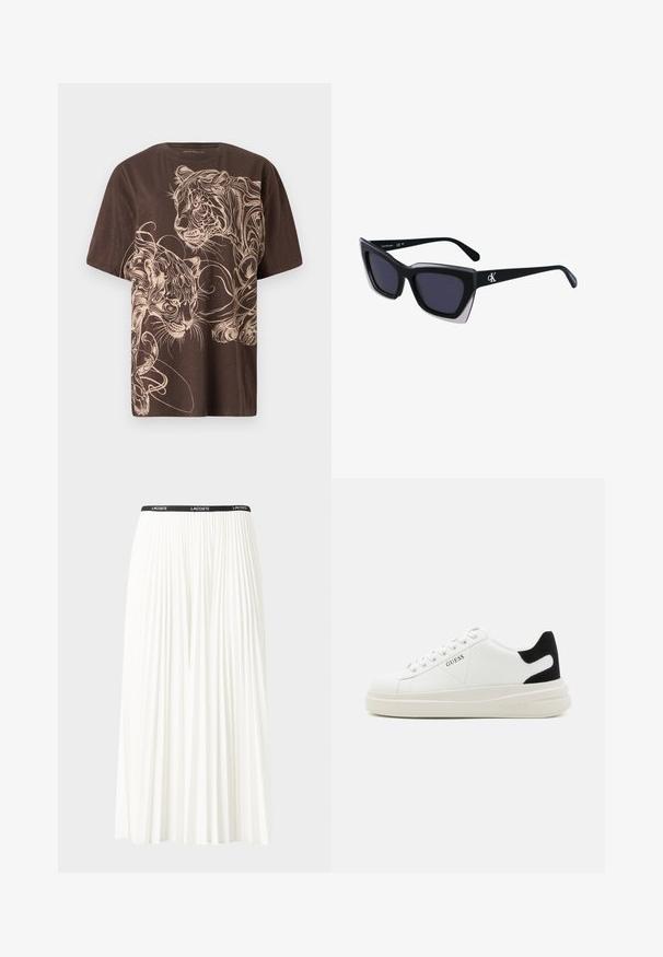 Hnedé tričko s detailným grafikou tigra v krémovej farbe. Krátke rukávy, okrúhly výstrih a mäkký, textúrovaný materiál.; Plisovaná biela sukňa s čiernym elastickým pásom s logom "LACOSTE". Sukňa je stredne dlhá a má mäkkú textúru.; Biele kožené tenisky s hrubou bielou podrážkou, čiernym zamekom na päte a vyrazeným logom na boku. Šnurovací dizajn so šiestimi očkami.; Čierne oversized slnečné okuliare s geometrickým tvarom, s tmavými šošovkami a kontrastným šedým detailom na ráme. Logo na mostíku.