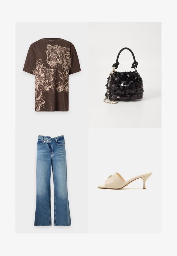 Ruskea T-paita, jossa on yksityiskohtainen vaaleanbeige tiikeri graafinen kuvio. Lyhyet hihat, pyöreä kaula-aukko ja pehmeä, teksturoitu kangas.; Vaaleansiniset farkut, joissa on leveät lahkeet ja korkea vyötärö. Farkuissa on kaksi nappia ja etutaskut. Kankaan pinta on kulunut ja siinä on hienovaraisia sävy-eroja.; Beige patent leather open-toe mule sandal dengan tumit stiletto rendah. Memiliki aksen dekoratif di bagian atas. Permukaan halus dan mengkilap.; Mustan paljetti-minilaukku, jossa on solmittu teksturoidu hihna ja hopeaketju. Pyöreä muoto, joissa on rypistetty yläosa ja heijastava yksityiskohta.