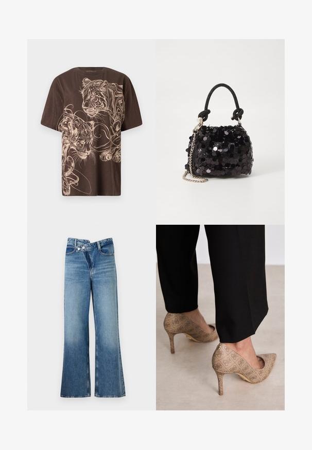 Ruda marškinėliai su išsamia grietinėlės spalvos tigro grafika. Trumpomis rankovėmis, apvaliu kaklu ir minkšta, tekstūrine medžiaga.; Šviesiai mėlynos džinsinės kelnes platėjančios apačios, aukštu liemeniu, su dviem saga ir priekinių kišenių detalėmis. Medžiaga turi išblukusį tekstūrą su subtiliais skirtumais.; Smėliniai aukštakulniai bateliai su tekstūruotu audiniu, kuriame yra pasikartojanti tekstūra. Išgaubtas pirštas, su užpakaline akcentu ir auksiniu kulno detaliu.; Juodas blizgučių mini rankinukas su mazguotu tekstūruotu dirželiu ir sidabro grandine. Suapvalinta forma su susiraukšlėtopu ir atspindinčiomis detalėmis.