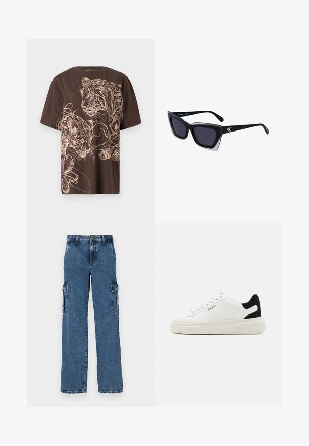 Ruskea T-paita, jossa on yksityiskohtainen vaaleanbeige tiikeri graafinen kuvio. Lyhyet hihat, pyöreä kaula-aukko ja pehmeä, teksturoitu kangas.; Siniset farkkukankaiset cargo-housut rentoa istuvuutta, joissa on kaksi sivutaskua, vahvistetut saumat ja suora lahje.; Valkoiset nahkakengät paksulla valkoisella pohjalla, mustalla mokkanahkaosuudella kannassa ja kohokuvioitu logo sivulla. Nauhakeskitys kuudella reiällä.; Mustat ylisuuret aurinkolasit, joissa on geometrinen muoto, tummat linssit ja kehykseen erottuva harmaa yksityiskohta. Logo varressa.