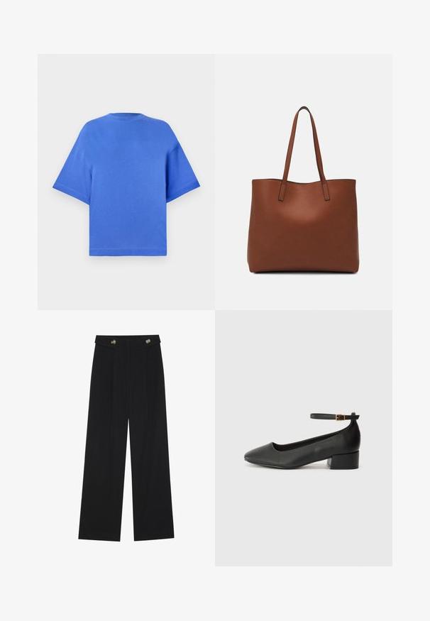 T-shirt de manga curta, de corte solto, em algodão azul vivo, com um gola redonda e um design simples e sem emendas, com bordas limpas.; Calças largas pretas com cintura alta, detalhes em botão na cintura e pregas frontais.; Sandal de pele preta com bico pontiagudo e um salto bloco baixo. Apresenta uma tira no tornozelo com uma fivela em tom dourado. Textura suave.; Bolsa tote de couro castanho com uma textura suave, design de abertura superior e duas alças para o ombro. Apresenta costura mínima e sem hardware visível.
