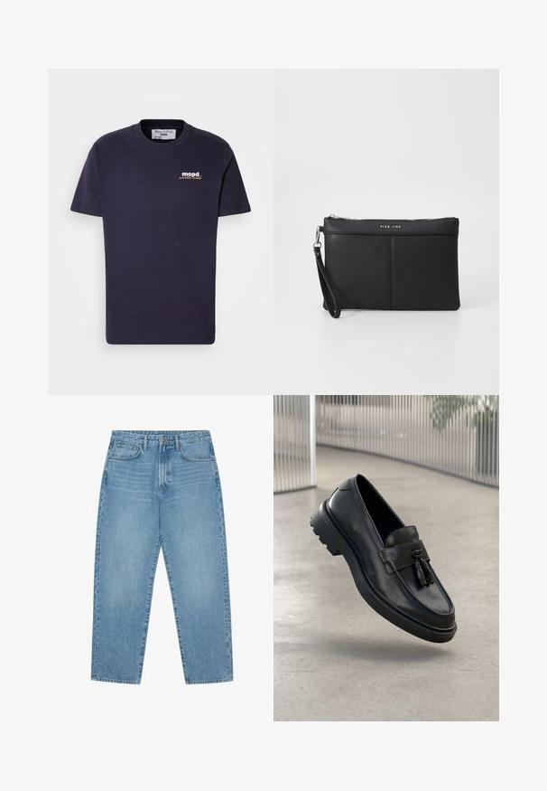 Tumesinine puuvillane T-särk, ümmarguse kaelusega, lühikeste varrukatega ja rinnal väike kontrastse värviga logo.; Hele sinised teksapüksid sirge säärega, viie taskuga disain ja kergelt tuhmunud tekstuuriga. Varustatud nupuga ja luku sulgemisega.; Mustad nahast mokassiinid, millel on sile viimistlus, dekoratiivne tutt, paks kummist tald ja õmmeldud detailid. Kerge ja voolujooneline disain.; Must musta klamber, millel on luku sulgemine, randme rihm ja sile tekstuur. Omab peent õmblust ja esiküljel on reljeefne logo.