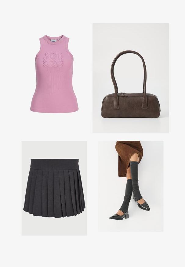Haut sans manches côtelé en rose clair avec un col rond. Présente un logo texturé sur le devant. Tissu : doux et extensible.; Jupe plissée grise avec une taille plate et une fermeture à glissière, fabriquée à partir d'un tissu texturé, présentant des plis profonds uniformément espacés.; Chaussures à bout pointu en cuir verni noir avec un talon bloc et une bride à la cheville, accompagnées de jambières en maille grise et d'une jupe en daim marron.; Sac à main en cuir marron avec deux poignées robustes, de forme rectangulaire, texture lisse et fermeture zippée. Design minimaliste sans motifs visibles.