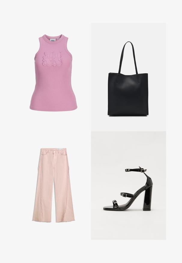 Top senza maniche a costine in rosa chiaro con scollatura rotonda. Presenta un dettaglio logo testurizzato sul davanti. Tessuto: morbido ed elastico.; Jeans a gamba larga rosa chiaro con finitura testurizzata, orlo frangiato e design a cinque tasche. Presenta una chiusura con bottone e passanti per cintura.; Sandali con tacco in vernice nera, con punta squadrata, cinturini alla caviglia e fibbie in argento. Presentano un tacco a blocco spesso per maggiore stabilità.; Borsa tote in pelle nera con texture liscia, forma rettangolare e due manici lunghi. Nessun hardware o decorazione visibile.