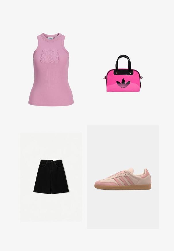 Ribbed sleeveless top in light pink with a round neckline. Features a textured logo detailing at front. Fabric: soft and stretchy.; Black denim shorts with a loose fit, featuring five pockets, yellow stitching accents, and a mid-rise waist design.; adidas Originals SAMBA OG - Trainers - quartz/mauve; Pink patent handbag with a black logo and handles, featuring a rounded shape and zipper closure. Glossy texture enhances visibility.