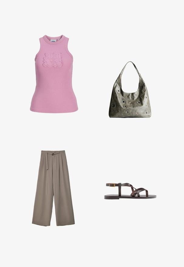 Rippentop ohne Ärmel in Hellrosa mit rundem Ausschnitt. Verfügt über ein strukturiertes Logo-Detail an der Vorderseite. Stoff: weich und dehnbar.; Weite Hose aus einem weichen, gedämpften grauen Stoff, mit einem taillierten Bund und Falten für zusätzliche Design-Details. Glatte Textur, keine Muster.; Braune Leder-Sandale mit überkreuzten Riemen, einem Knöchelriemen mit Schnalle und einer flachen Sohle mit minimalen Nähdetails.; Olivgrünes Lederhandtäschchen mit einem lässigen Design, das verschiedene runde Ausschnitte in unterschiedlichen Größen und Akzente in dunkleren und helleren Farbtönen aufweist.