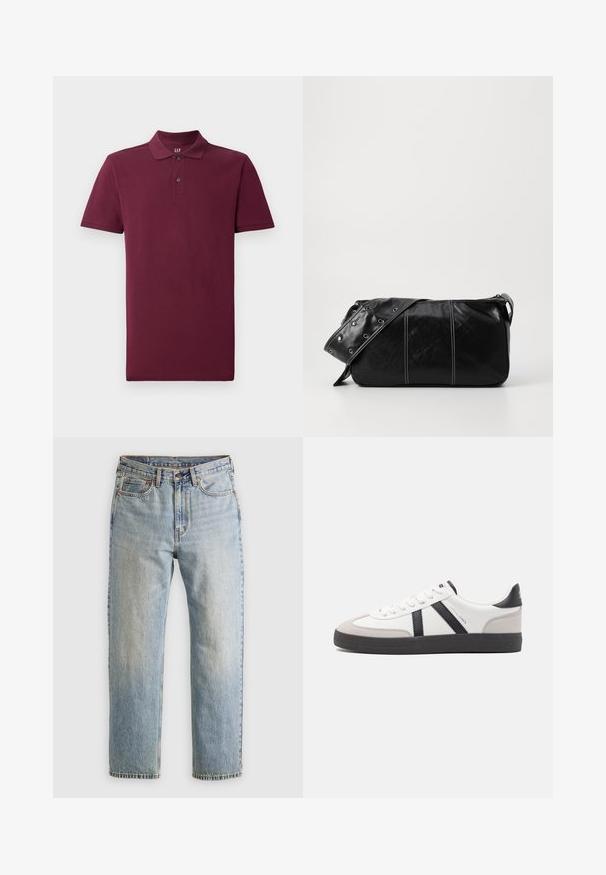 Vyniojo spalvos trumpas polo marškinėliai, pagaminti iš medvilnės, su klasikine apykakle, dviem sagų užsegimais ir guma apdailintomis rankovėmis. Lygus paviršius.; Šviesiai mėlynos džinsinės kelnės su aukštu liemeniu, priekyje mygtukas, užtrauktukas ir penkių kišenių dizainas, išklotos ant neutralios fono.; Balti sportbačiai su juodais ir pilkais akcentais, pasižymintys tekstūruotu pilku pirštų dangteliu, juoda gumine padais ir plokščiomis baltomis raišteliais. Švarus dizainas, minimalistinis stilius.; Juodas odinis pečių krepšys su užtrauktuku, turintis tekstūruotą paviršių, baltą siuvinėjimą ir dirželį su sidabinėmis metalinėmis detalėmis.