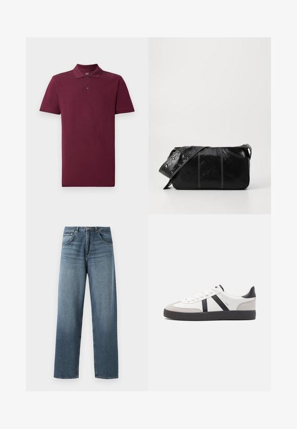 Polo cu mânecă scurtă de culoare burgundă, realizat din bumbac, cu guler clasic, placket cu două butoane și manșete ribbed. Textură netedă.; Jeans din denim albastru cu picioare drepte și umplutură decolorată, având un design cu cinci buzunare, nasture metalic și bucle pentru curea. Material structurat, de greutate medie.; Sneaker alb cu accente negre și gri, având un capac de vârf gri texturat, talpă din cauciuc negru și șireturi plate albe. Design elegant, stil minimalist.; Geantă de umăr din piele neagră cu închidere cu fermoar, având un corp texturat, cusături albe și o curea cu ochiuri argintii.