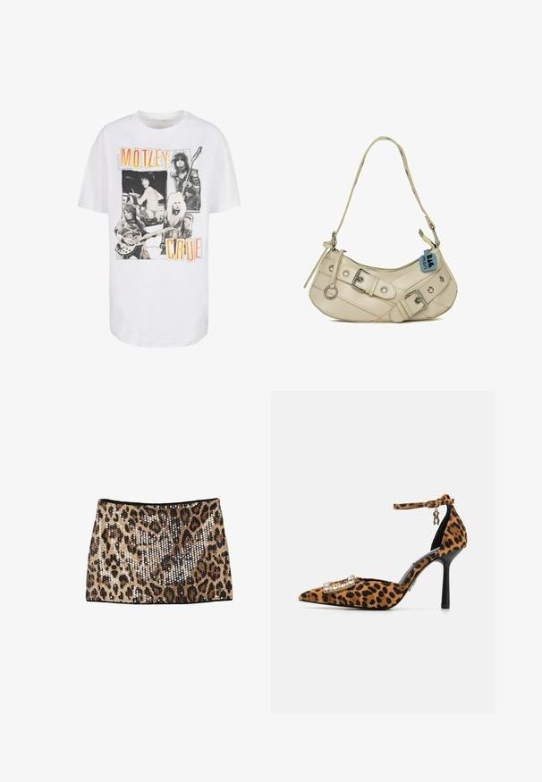 Weißes Baumwoll-T-Shirt mit einem vintage schwarz-weißen Design, das vier Musiker zeigt, und orangefarbener Schrift mit "MÖTLEY CRÜE." Lockere Passform.; Minirock im Leopardenmuster mit goldenen und schwarzen Pailletten, tailliertem Design und schwarzem Bund.; Leopardenmuster High-Heel-Schuh mit spitzer Zehe, Samttextur, Knöchelriemen und mit Kristallen besetzter Schnalle. Schwarzer Stilettoschuh.; Cremfarbener Lederbeutel mit geschwungenem Design, ausgestattet mit silbernem Zubehör, einem Reißverschlussverschluss und dekorativen Riemen mit Ringen.