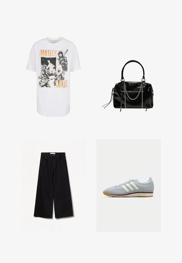 Witte katoenen T-shirt met een vintage zwart-wit ontwerp featuring vier muzikanten en oranje tekst die "MÖTLEY CRÜE" spelt. Relaxed fit.; Bershka WIDE-LEG - Wide leg - black; Lichtblauwe suède sneakers met witte drie streepen, rubberen zool en textuur-mesh. Voorzien van een gladde neuskap en branding op de hak.; Bershka WITH CHAIN - Handtas - black