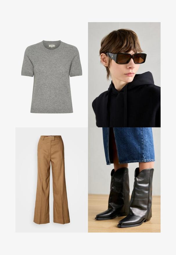 Halli lühikese varrukaga sviiter, mis on valmistatud pehmest kudumismaterjalist, ümarate kaelustega ja minimalistliku disainiga. Saumid on sujuvad ja puhtad, tagades stiilse ilme.; Pruunid laiad püksid, mis on valmistatud kerge kangast. Omavad tasast esiosa, vöökohtade keerutusi ning kohandatud siluetti, millel on pahkluu pikkus.; Pavement CALLISTA - Kauboi-/mootorrattasaapad - black; Mustad üledimensioneeritud päikeseprillid läikiva viimistlusega, ristkülikukujuline kuju, pruuni tooni läätsega ja kuldne logo detaili sagedatel.; Tumesinise kangast õlalauk, millel on pehme, struktureeritud kuju, must rihm, tikandiga detailid ja väike brändi silt.