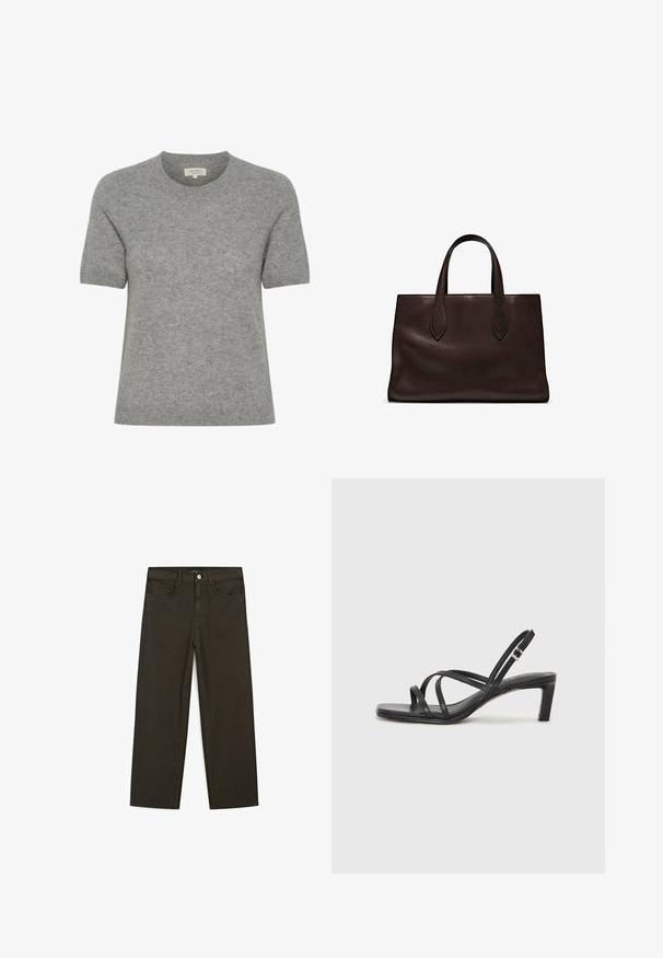Grå kortärmad tröja i mjukt stickat material med rund halsringning och en minimalistisk design. Sömlösa, rena kanter för en elegant look.; Mörkgröna vida jeans i bomullsblandning, med knäppning fram, fem fickor och klassisk denimstickning.; Svart sandaler med remmar och fyrkantig tå samt låg blockklack. Har flera tunna remmar och en justerbar ankelrem. Tillverkad av mjukt läder.; Brun läder tote-väska med två avlånga handtag, strukturerad rektangulär form, slät textur och subtila sömdetaljer.