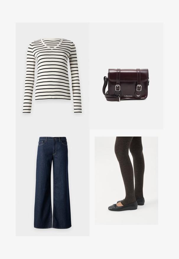 Svart- og hvitstripet langermet V-hals genser laget av mykt stoff, med jevne horisontale striper og tettsittende design.; Vide benbukser i mørkeblå denim. Har kontrastsøm, fem lommer og en knaplukning i taljen. Glat tekstur.; Sorte flate sko med en liten sløyfedetalj på tåen, kombinert med mørkebrune ribbede strømpebukser. Skoene har en glatt overflate og lav profil.; Burgunderfarget patentlær crossover-veske med rektangulær form, to stropper, sølvfarget hardware og klaffelukking.