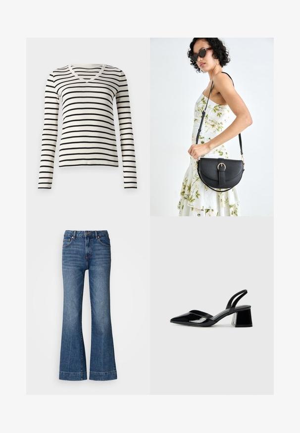 Schwarz-weiß gestreifter, langärmeliger V-Ausschnitt-Pullover aus weichem Stoff, mit gleichmäßigen horizontalen Streifen und taillierter Passform.; Ausgestellte Jeans aus Denim in Dunkelblau. Mit fünf Taschen, Gürtelschlaufen und orangefarbenen Nähten. Glatte Textur mit klassischem Schnitt.; Schwarze Lackleder-Slingback-High Heels mit spitzem Schuh und einem geometrischen Blockabsatz. Verfügt über ein schlankes, minimalistisches Design und eine glatte Textur.; Schwarze Lederhandtasche mit geschwungener Form, abnehmbarem Tragegurt und goldenen Beschlägen. Die Tasche verfügt über einen Deckel mit einer Schnallen-Details.