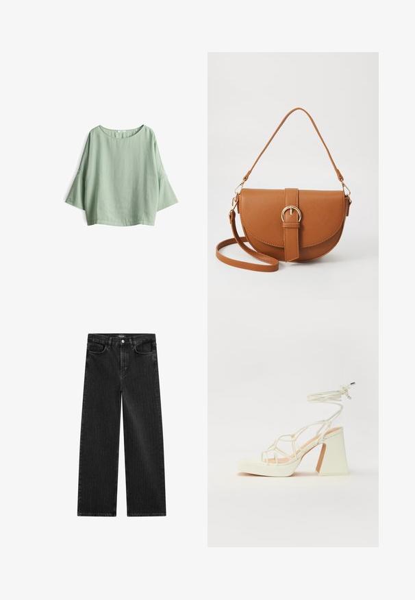 Hellgrünes, lockeres Oberteil mit drei Viertel- Glockenärmeln, runder Ausschnitt und weichem Material. Verfügt über einen subtilen Glanz und ein einfaches Design.; Weite schwarze Denim-Jeans mit feinem vertikalen Streifenmuster, ausgestattet mit einem Fünf-Taschen-Design und einem klassischen Knopfverschluss an der Taille.; Weiße High-Heel-Sandale mit einem klobigen Absatz, die über ein Riemchendesign und ein Knöchelband verfügt. Glatte Textur mit einer Plattform vorne für zusätzliche Höhe.; Braune Leder-Crossbody-Tasche mit geschwungener Form, goldfarbenen Beschlägen und einer Schnallenakzentuierung. Verfügt über einen abnehmbaren Schultergurt.