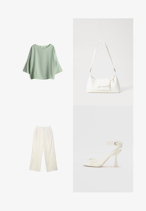 Hellgrünes, lockeres Oberteil mit drei Viertel- Glockenärmeln, runder Ausschnitt und weichem Material. Verfügt über einen subtilen Glanz und ein einfaches Design.; Helle Stoffhose mit weitem Bein und glatter Textur, ausgestattet mit einem einzelnen Knopf vorne, dezenten Falten und einem Hochbund-Design.; Sandaletten aus weißem Leder mit hohen Absätzen, schlankem Design, transparentem Blockabsatz und einem dekorativen Element an der Zehe.; Weiße synthetische Handtasche in dreieckiger Form, flache Vorderklappe und Schleifendetail, verstellbarer Trageriemen, glatte Textur und minimalistisches Design.