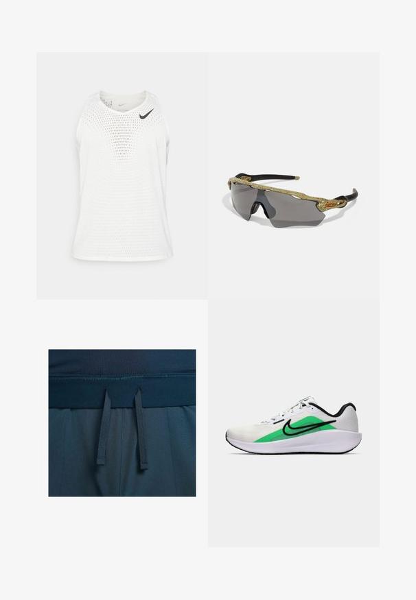 White sleeveless athletic shirt made of breathable mesh fabric, featuring a round neckline and small black Nike logo on the left chest.; Dark blue athletic shorts featuring a smooth waistband, adjustable drawstrings, and a textured fabric.; White athletic shoe with a green accent, black logo, mesh upper, cushioned sole, and a rounded heel. Features laces and contrast detailing.; Sport sunglasses with a green patterned frame, black arms, and gray lenses. The design features a wraparound style with a bold, sporty shape.