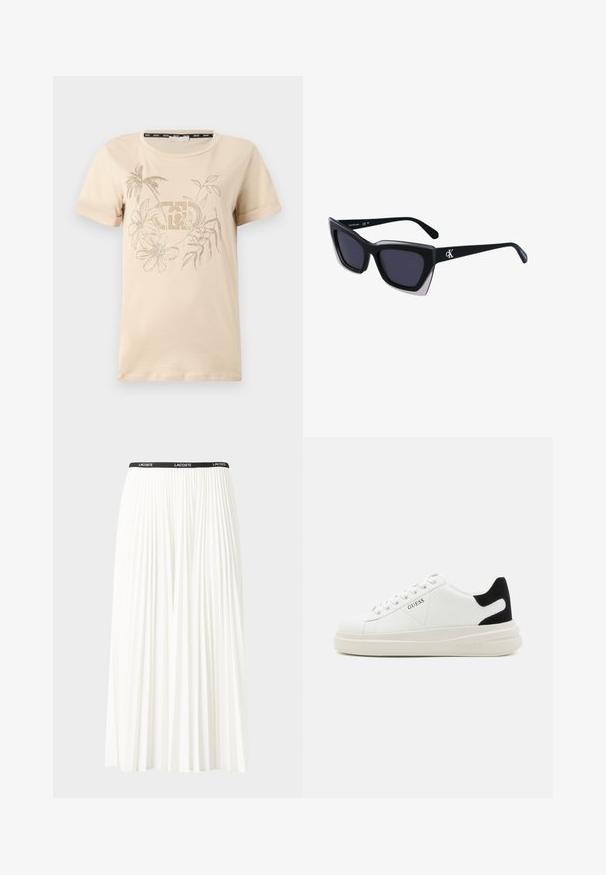 Beige cotton t-shirt with short sleeves, featuring a glittery floral and palm design, and a textured logo in the center.; Pleated white skirt with a black elastic waistband featuring the "LACOSTE" logo. Mid-length design with soft texture.; White leather sneakers with a thick white sole, black suede heel accent, and embossed logo on the side. Laced design with six eyelets.; Black oversized sunglasses with a geometric shape, featuring dark lenses and a contrasting grey detail on the frame. Logo on the arm.