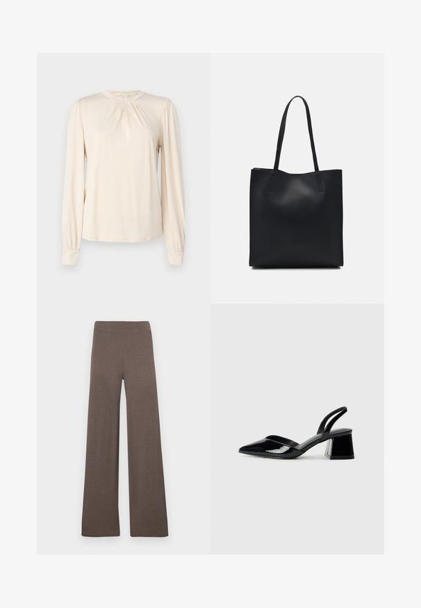 Lichtbeige blouse met lange mouwen en een ronde halslijn, met plooien aan de voorkant en gathered mouwen. Zacht, glad stof met een minimalistisch ontwerp.; Geribbelde wijde broek in een donkerbruine kleur, met een rekbare tailleband en een zachte, gestructureerde stof.; Zwarte gepatineerde leren slingback hakken met een spitse neus en een geometrische blokhak. Kenmerkt zich door een slank, minimalistisch ontwerp en een gladde textuur.; Zwarte leren handtas met een gladde textuur, rechthoekige vorm en twee lange handvaten. Geen zichtbare hardware of versieringen.
