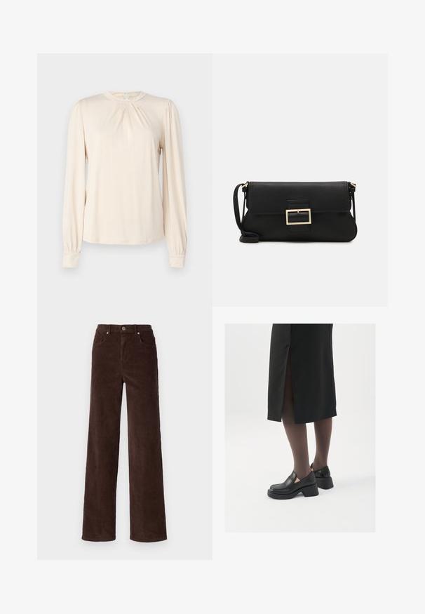 Világos bézs hosszú ujjú blúz kerek kivágással, elöl redőzött és gyűrt ujjak. Puha, sima anyag, minimális dizájnnal.; Vero Moda VMTESSA WIDE PANTS - Nadrágok - chocolate torte; Fekete bőr cipők lekerekített orral, vastag blokk sarkakkal és elasztikus oldalsó díszítésekkel, sötét harisnyával és hasítékkal ellátott fekete szoknyával párosítva.; Fekete bőr kézitáska hajtóka részlettel és aranyszínű fém csattal. Tartalmaz egy fekete pántot és egy letisztult, minimális dizájnt.