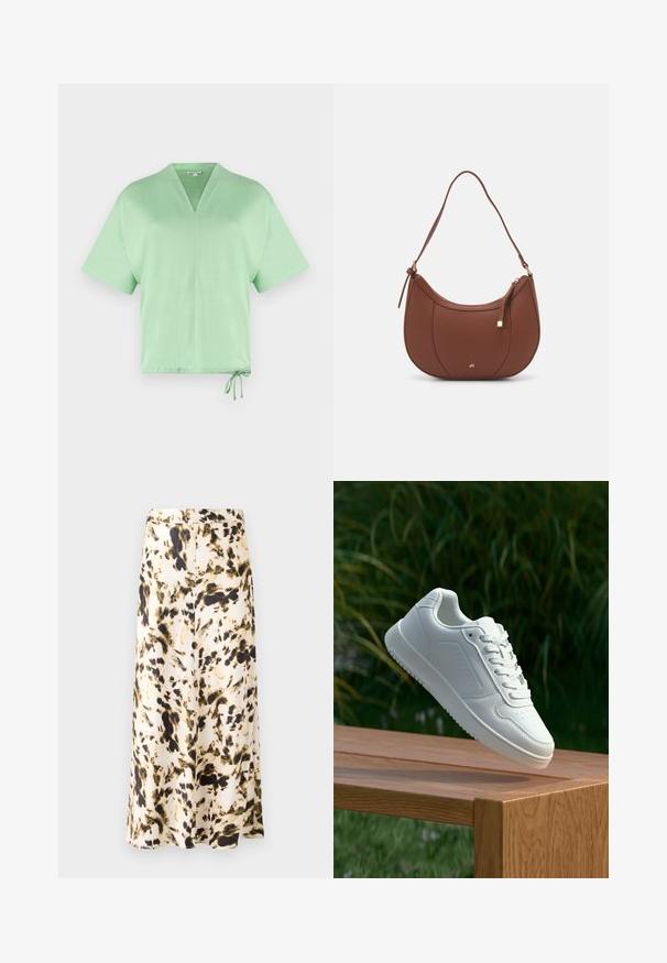 Korte mouwen, V-hals top in lichtgroene stof. Voorzien van een trekkoord aan de zoom voor een verstelbare pasvorm. Zacht van textuur met een minimaal ontwerp.; Een knielange rok van lichte stof met een abstract patroon in beige, bruin en groen. Heeft een aansluitende tailleband en een vloeiende vorm.; Witte sneaker met een gladde synthetische bovenkant, geperforeerde neus, platte veters en een gestructureerde zool, tentoongesteld op een houten oppervlak.; Bruine faux leren schoudertas met een gebogen vorm, minimale stiksels en een gouden hardware-accent. Voorzien van een bovenste ritsluiting en een verstelbare schouderband.
