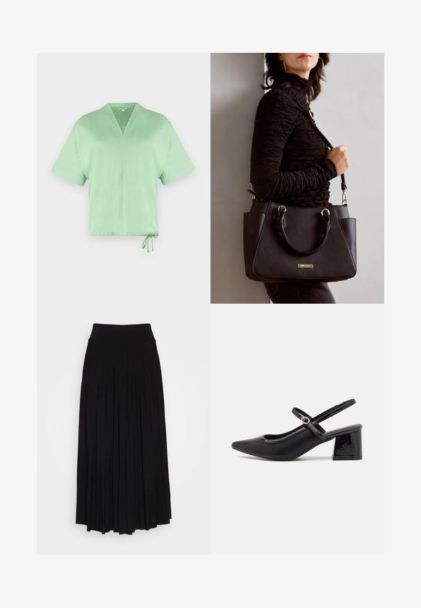 Kurzärmliges, V-Ausschnitt-Oberteil aus leichtem grünem Stoff. Verfügt über einen Kordelzug am Saum für eine verstellbare Passform. Weiche Textur mit minimalistischem Design.; Schwarzer plissierter Rock mit breitem, dehnbarem Bund. Gefertigt aus weichem Stoff, mit vertikalen Falten für eine fließende Silhouette.; Schwarze Lackleder-Slingback-Absätze mit spitzer Zehenform, einem runden Ausschnitt-Design und einem Blockabsatz. Mit einem goldfarbenen Schnallenakzent.; Schwarze Handtasche mit strukturierten Oberflächen, doppelten Obergriffen und verstellbarem Schultergurt. Mit goldfarbener Hardware und Seitentaschen.