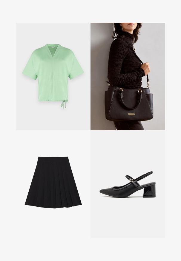Majica kratkih rukava s V-izrezom od svijetlozelene tkanine. Ima šnalu na rubu za prilagodljivost. Mekana tekstura s minimalnim dizajnom.; Crna plisirana suknja izrađena od teksturiranog materijala s uskim strukom. Pada do koljena, a ima glatku, čistu siluetu.; Crne lakirane slingback visoke potpetice s šiljastim vrhom, zaobljenim izrezom i blok potpeticom. Sadrži akcent zlatnog tona s kopčom.; Crna torba s teksturiranom površinom, dvostrukim gornjim ručkama i podesivom remenom za rame. Ima zlatne metalne detalje i bočne džepove.