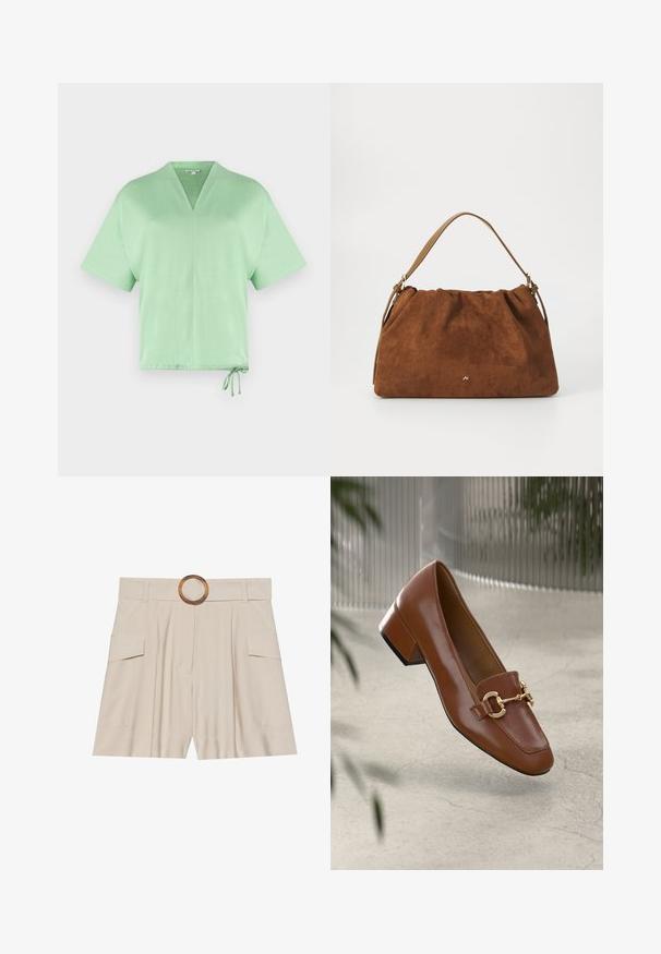Top cu mânecă scurtă, decolteu în V, dintr-un material de culoare verde deschis. Are un șnur la margine pentru o ajustare personalizată. Textură moale cu un design minimalist.; Șorturi bej cu talie înaltă, cu un brâu larg și plat, cataramă circulară din lemn, față pliată și două buzunare laterale. Textură de material neted.; Mocasini din piele patent cafenie, cu vârf pătrat, accent cu lanț metalic și toc mic; textură netedă, design minimalist.; Geantă din suede maro cu un design plisat, având o curea din piele bej și un detaliu subtil cu logo auriu în partea din față.