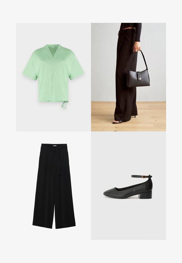 Top de manga corta y cuello en V en tejido verde claro. Cuenta con un cordón en el dobladillo para un ajuste ajustable. Textura suave con un diseño minimalista.; Pantalones de pierna ancha negros con un tejido texturizado, una cinturilla elástica y un lazo desmontable en la cintura para un ajuste ajustable.; Zapato de tacón negro de cuero con punta afilada y tacón bajo cuadrado. Presenta una correa para el tobillo con una hebilla en tono dorado. Textura suave.; Bolso negro con forma estructurada, textura suave y un cierre metálico. Combinado con pantalones anchos negros y sandalias de dedo en un suelo de madera.
