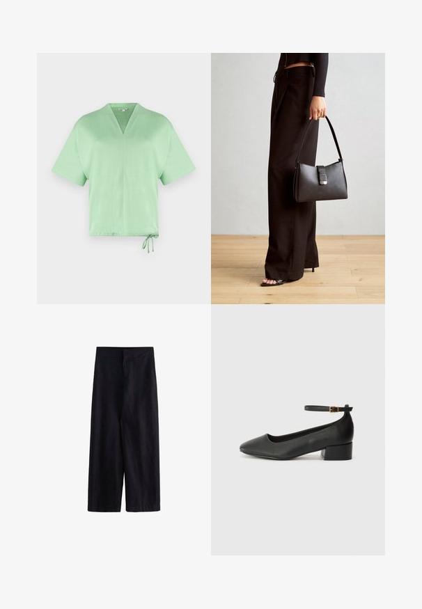 Krótki rękaw, bluzka w serek w jasnozielonym kolorze. Posiada sznurek u dołu do regulacji. Miękka tekstura z minimalistycznym wzornictwem.; Czarne spodnie o szerokich nogawkach wykonane z lekkiego materiału. Posiadają płaski pas ze zamek błyskawicznym z przodu oraz kieszenie, sprawdzą się zarówno w codziennych, jak i formalnych stylizacjach.; Czarne skórzane szpilki z ostrym noskiem i niskim słupkowym obcasem. Wyposażone w pasek na kostkę z złotym zapięciem. Gładka tekstura.; Czarna torebka o usztywnionym kształcie, gładkiej fakturze i metalowym zapięciem. Połączona z szerokimi czarnymi spodniami i sandałami na otwartym palcu na drewnianej podłodze.
