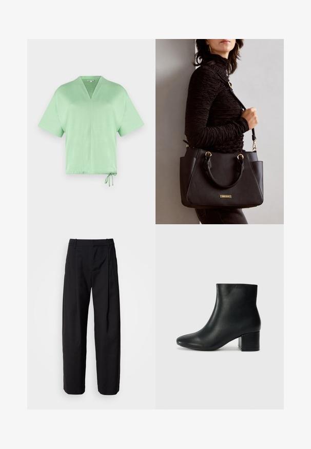 Short-sleeve, V-neck top in light green fabric. Features a drawstring at the hem for adjustable fit. Soft texture with minimal design.; Black trousers with a relaxed fit, pleated front, and belt loops. Smooth fabric and straight legs, featuring side pockets.; Black leather ankle boots with a pointed toe and a chunky heel. Smooth texture with minimal accents and a sleek, fitted design.; Black handbag with textured surface, dual top handles, and adjustable shoulder strap. Features gold-tone hardware and side pockets.