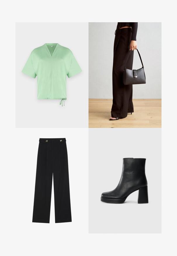 Švarkelis trumpomis rankovėmis, su V formos iškirpte šviesiai žalia medžiaga. Yra lengvai reguliuojama virvutė apatinėje dalyje. Minkšta tekstūra su minimaliais dizaino akcentais.; Juodi plačios kojos kelnės su aukštu liemeniu, sagų detalėmis ant liemens ir priekinėmis raukšlėmis.; Juodas odinis kulkšninis botas su bloku ir platformos padu, matomas šoniniu vaizdu ant balto fono.; Juodas rankinė struktūrizuota forma, lygi tekstūra ir metalinis užsegimas. Suporuota su plačiomis juodomis kelnėmis ir atvirais bateliais ant medinių grindų.