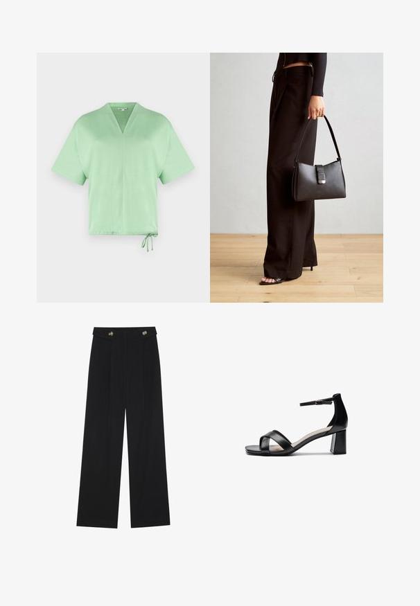 Majica kratkih rukava s V-izrezom od svijetlozelene tkanine. Ima šnalu na rubu za prilagodljivost. Mekana tekstura s minimalnim dizajnom.; Crne hlače širokih nogavica s visokim strukom, s dugmadi na pojasu i prednjim nabora.; Crne sandale s otvorenim prstima i potpeticama, s ukriženim trakama, podesivom narukvicom oko gležnja i masivnom potpeticom, izrađene od glatke kože.; Crna torba s oblikom koji sadrži strukturu, glađu teksturu i metalnu kopču. Uparena s širokim crnim hlačama i sandalama na otvorenom s drvenog poda.