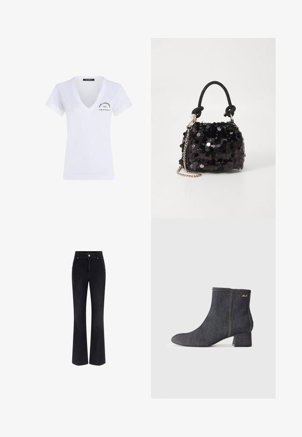 Fehér pamut póló V nyakkal, rövid ujjakkal, fekete nyomtatott logó részletezéssel a bal mellen és az alsó háton.; Fekete farmerbő szabású nadrág, magas derékkal, öt zsebbel, valamint fémgomb díszítéssel az oldalakon. Sima textúra és klasszikus illeszkedés.; Sötét farmer anyagú boka csizma, hegyes orral, tömb sarkal, látható varrással és diszkrét márkalogóval az oldalon. Simább textúrával.; Fekete flitteres mini kézitáska csomózott textúrájú pánttal és ezüst lánccal. Lekerekített forma, ráncolt tetejével és fényvisszaverő részletekkel.