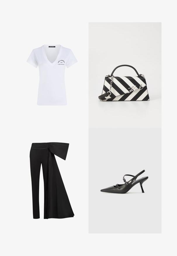 Weißes Baumwoll-T-Shirt mit V-Ausschnitt, kurzen Ärmeln und schwarzem Druck-Logo-Detail auf der linken Brust und im unteren Rückenbereich.; Schwarze Hosen mit einem breiten, drapierten Taillendetail. Glattes Material, gerade Beinform und gefalteter Bund.; Schwarzlederne Slingback-Absätze mit spitzer Zehenform, schlankem Absatz und dekorativem Schnallendetail auf dem Blatt. Glatte Textur und elegantes Design.; Schwarz-weiße gestreifte Handtasche mit strukturierter Form, ausgestattet mit einem oberen Griff, einem abnehmbaren Kettenriemen und einem metallischen Logo-Detail.