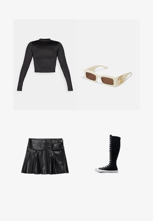 Crna skraćena majica s dugim rukavima izrađena od glatkog, rastezljivog materijala. Ima visoki ovratnik i suptilne detalje šavova.; Crna kožna suknja s plisovima, širokim pojasom i dva akcenta s kopčama sa strane. Glatka tekstura s sjajnim završetkom.; Crne visoke tenisice s visokim dizajnom, izrađene od platna. Imaju bijele vezice, šavove i gumeni potplat s zaštitom za nožne prste.; Bijele pravokutne sunčane naočale s smeškim lećama. Imaju istaknuti zlatni GG logo sa strane. Izrađene su od strukturalnog plastičnog materijala.; Izložena je bijela torba od sintetičkog materijala, sa kviltanim uzorkom, zlatnim lancem kao drškom i oznakom logotipa, a dolazi u zakrivljenom obliku s teksturiranom površinom.