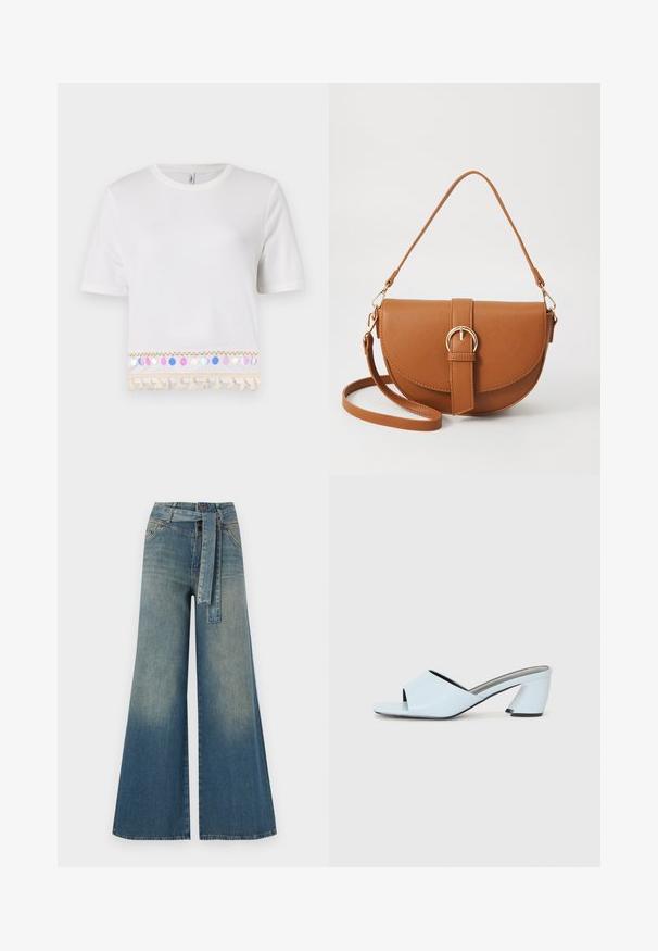 Balta trumpa marškinėliai su apvaliu iškirpimu, kurie turi dekoratyvinį apdailą su kutais ir blizgiais apvaliais akcentais įvairių spalvų apatine dalyje.; Platus džinsinis kelnes su šviesiai tamsiai mėlynu gradientu, aukštu juosmeniu, diržo kilpomis ir atitinkančiu audinio diržu. Textūruotas džinsinis paviršius.; Šviesiai mėlynos atvirų pirštų kulno mules su geometriniu dizainu, turinčios plačią juostą per pėdą ir stambų, kampuotą kulną.; Ruda odinė kryžminė rankinė, turinti kreivą formą, auksinius metalinius elementus ir sagtį. Yra nuimama petneša.