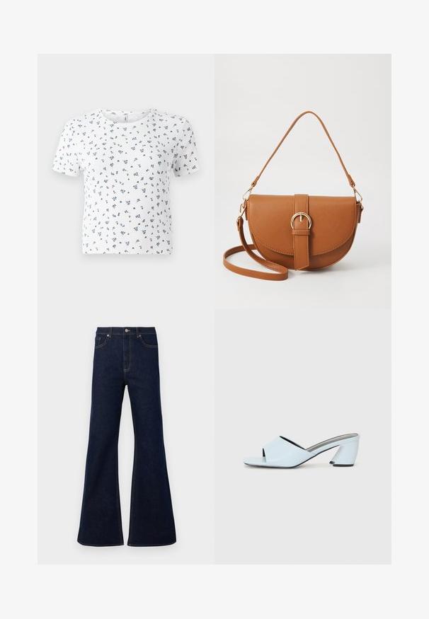 Fehér, rövid ujjú póló, bordázott textúrával, kék és zöld virágmintával. Kerek nyakkivágás és laza fazon.; Sötétkék, bővülő farmernadrág magas derékkal, elülső zsebekkel és arany szálú varrással. Simább textúra, klasszikus szabás.; Világoskék, nyitott orrú, sarkú mules cipő geometrikus mintázattal, széles pánttal a lábfejen és tömzsi, szögletes sarkal.; Barna bőr keresztbody táska ívelt formával, aranyszínű fémrészekkel és csat díszítéssel. Levehető vállpánttal rendelkezik.