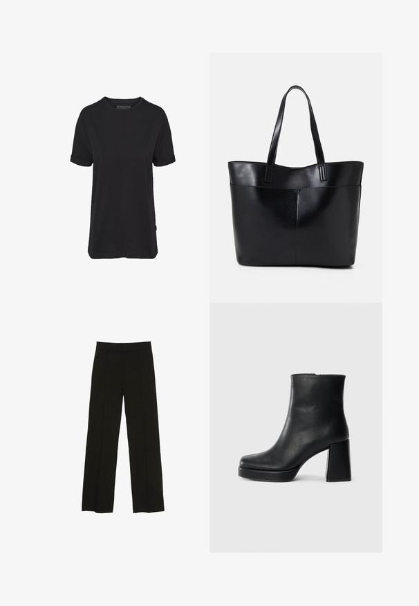 Čierne bavlnené tričko s krátkymi rukávmi, okrúhlym výstrihom a zrolovanými manžetami; na bočnom leme sa nachádza nenápadná značka.; Čierne široké nohavice vyrobené z hladkej tkaniny, so priliehavým pásom a jemnými prednými záhybmi pre zvýšenie textúry.; Čierne kožené členkové topánky s blokovým podpätkom a platformovou podrážkou, zobrazené z boku na bielom pozadí.; Čierna kožená tote taška s dvoma dlhými rúčkami, hladkým povrchom a štruktúrovaným tvarom. Obsahuje prednú kapsu pre dodatočné uskladnenie.