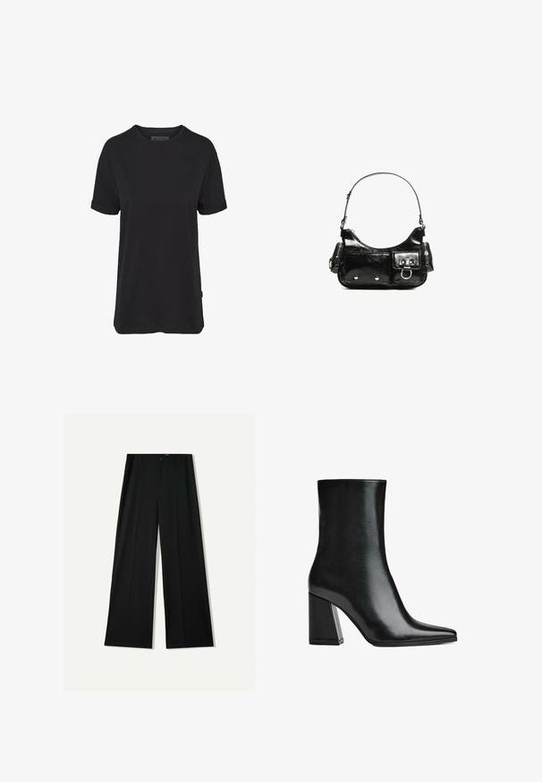 Fekete pamut póló rövid ujjakkal, kerek nyakkivágással és feltekert ujjakkal; diszkrét márkás címke található az oldalsó hemnél.; Bershka WIDE - Nadrágok - black; Fekete bőrből készült bokacsizma hegyes orral és magas tömb sarkal. Simára csiszolt textúra, letisztult sziluett és masszív alapforma jellemzi.; Fekete lakkbőr kézitáska ívelt formával, egy vállpánttal, elülső zsebekkel és ezüstszínű fémrészletekkel.